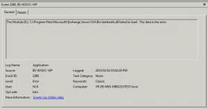The module dll c:\program files\microsoft\exchange server\v14\bin\kerbauth.dll failed to load. the data is the error The module dll c:\program files\microsoft\exchange server\v14\bin\kerbauth.dll failed to load. the data is the error