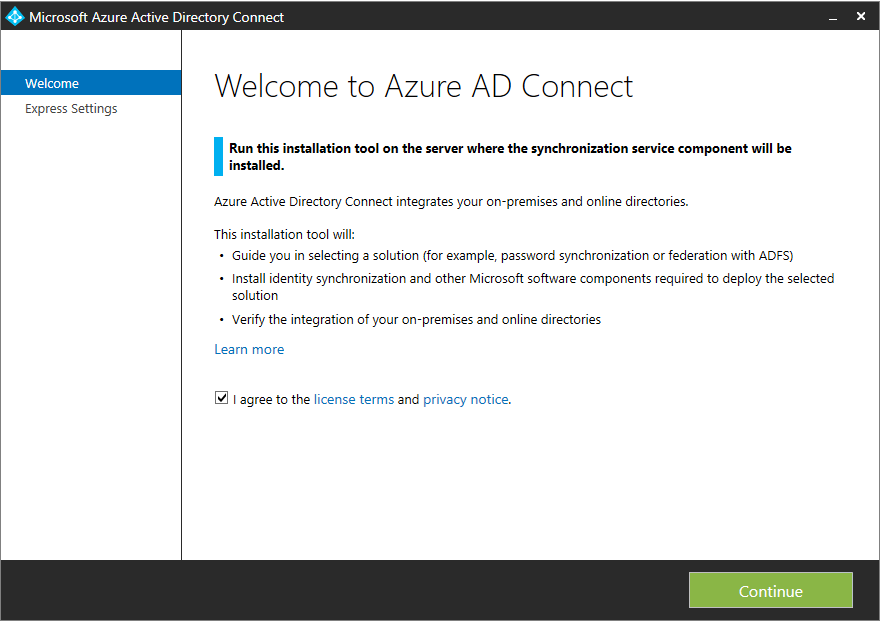 Azure - install azure ad connect with sql express