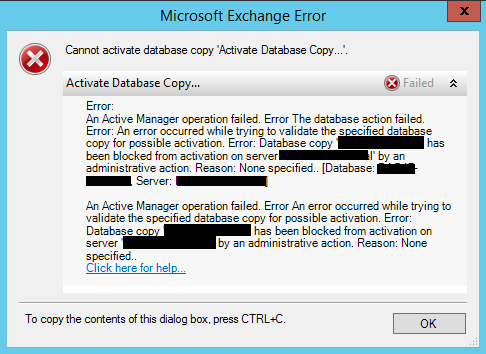 Exchange 2010 - error when moving a database copy