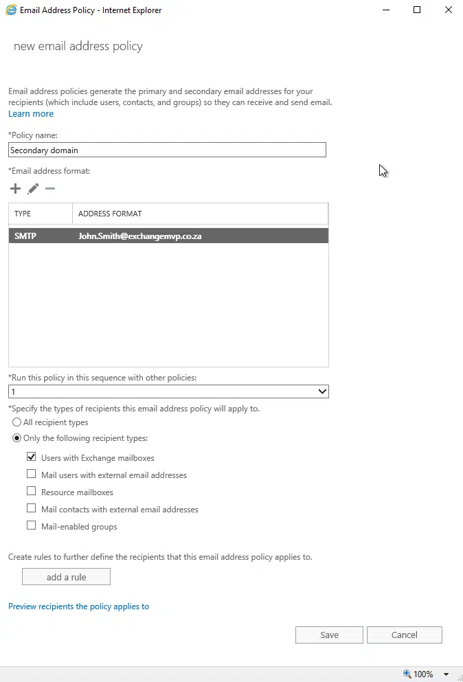 Exchange 2019 - create an email address policy