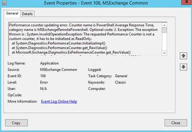 Exchange 2013:- event id 106, performance counter error