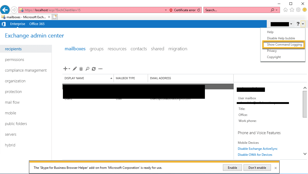 Exchange admin center:- checking the commands run when navigating the links
