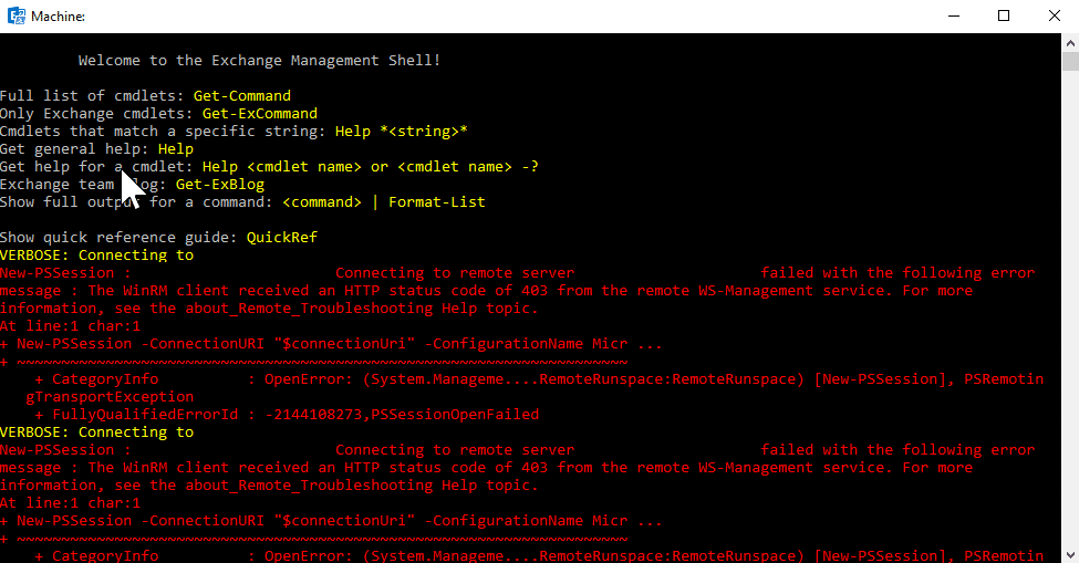 Exchange 2016:- the winrm client received an http status code of 403 from the remote ws-management service.