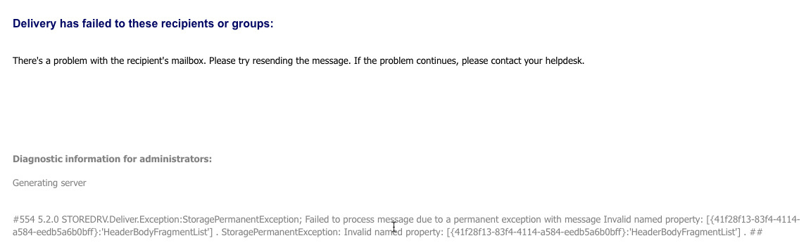 Exchange 2010/2016:- failed sending mail, #554 5.2.0 storedrv
