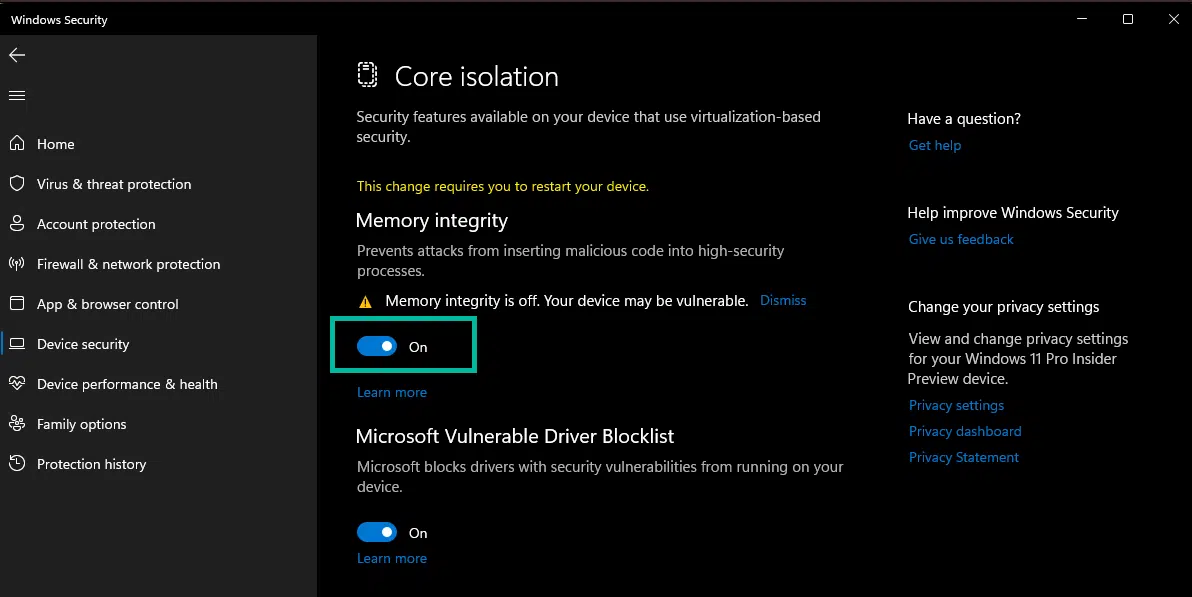 Windows 11: enable the features in core isolation Windows 11: enable the features in core isolation