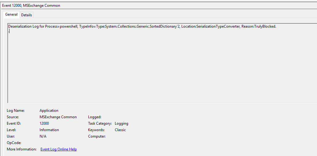 Exchange 2016 Event ID 12000 Deserialization Log For PowerShell Exchange 2016 event id 12000 deserialization log for powershell