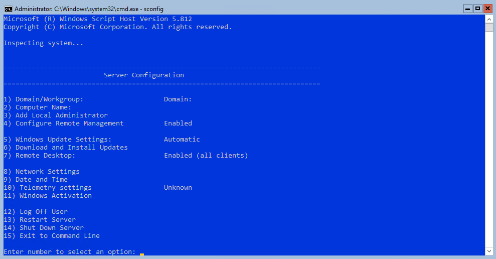 How to use sconfig on windows server 2022 core running exchange server 2019